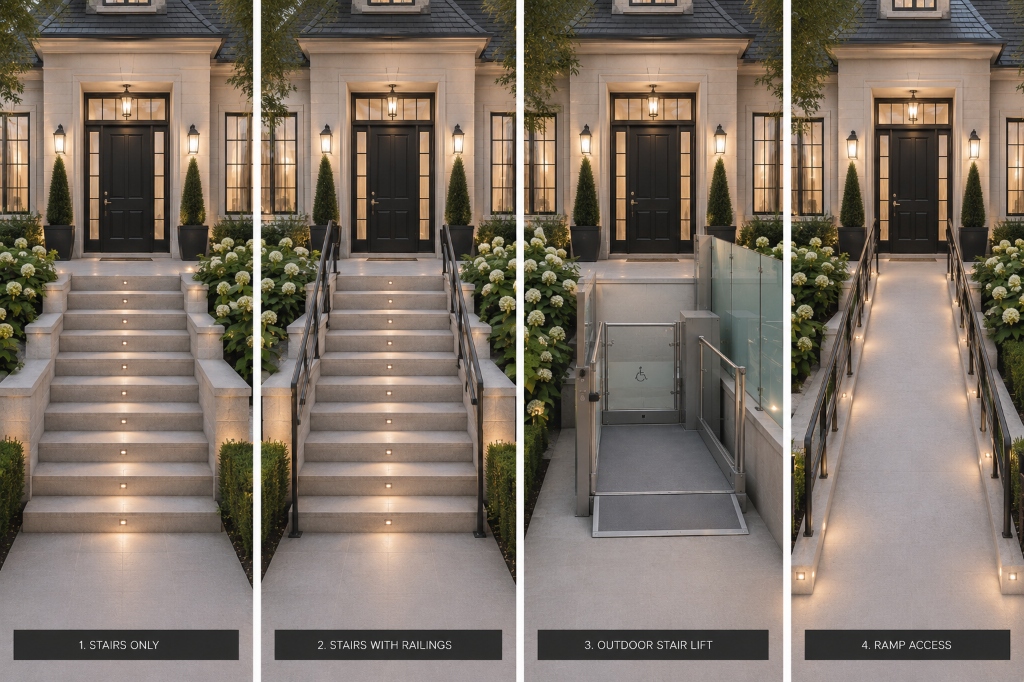 External entrance accessibility options showing railings, outdoor lift, and ramp access