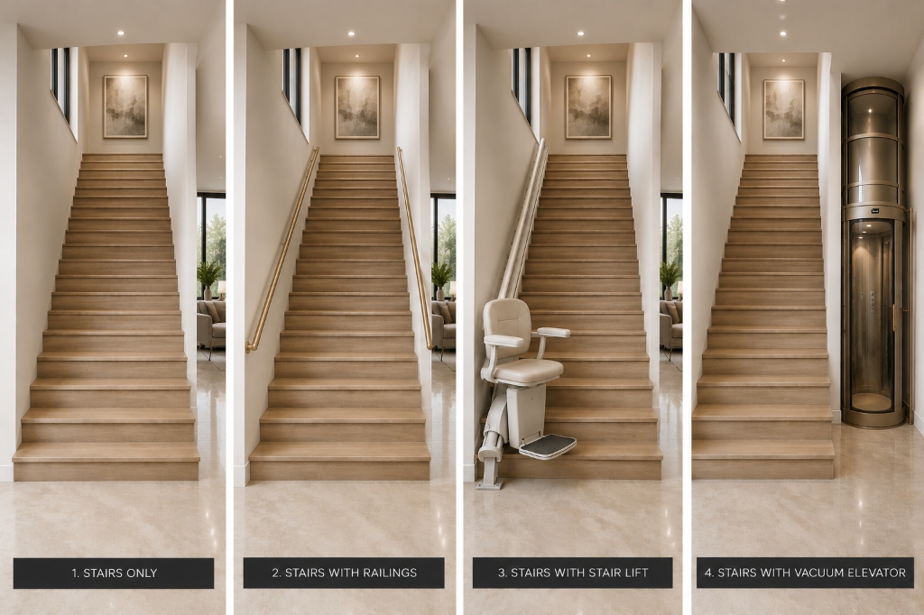 Internal Stairs accessibility options showing railings, stair lift, and vacuum elevator